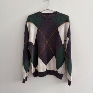 New River for J. Riggins Vintage Argyle Knit Sweater Mens Large Purple Green